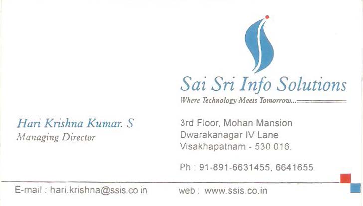 SAI SRI INFO SOLUTIONS,SAI SRI INFO SOLUTIONSInternet Information Services,SAI SRI INFO SOLUTIONSInternet Information ServicesDwarakanagar, SAI SRI INFO SOLUTIONS contact details, SAI SRI INFO SOLUTIONS address, SAI SRI INFO SOLUTIONS phone numbers, SAI SRI INFO SOLUTIONS map, SAI SRI INFO SOLUTIONS offers, Visakhapatnam Internet Information Services, Vizag Internet Information Services, Waltair Internet Information Services,Internet Information Services Yellow Pages, Internet Information Services Information, Internet Information Services Phone numbers,Internet Information Services address