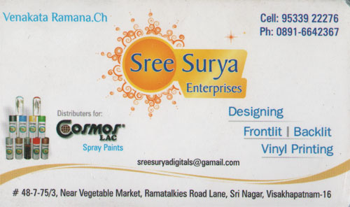 SREE SURYA ENTERPRISES,SREE SURYA ENTERPRISESEnterprises,SREE SURYA ENTERPRISESEnterprisesRama Talkies, SREE SURYA ENTERPRISES contact details, SREE SURYA ENTERPRISES address, SREE SURYA ENTERPRISES phone numbers, SREE SURYA ENTERPRISES map, SREE SURYA ENTERPRISES offers, Visakhapatnam Enterprises, Vizag Enterprises, Waltair Enterprises,Enterprises Yellow Pages, Enterprises Information, Enterprises Phone numbers,Enterprises address